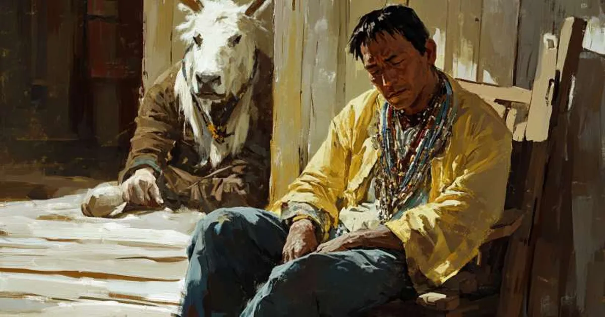 man resting near a figure in animal mask suggesting mystery and despair in brave new world chapter 8