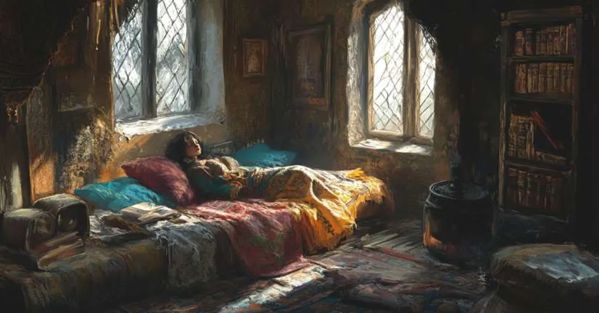 woman lying on bed beside sunlit window showing rest and inner conflict in brave new world chapter 9