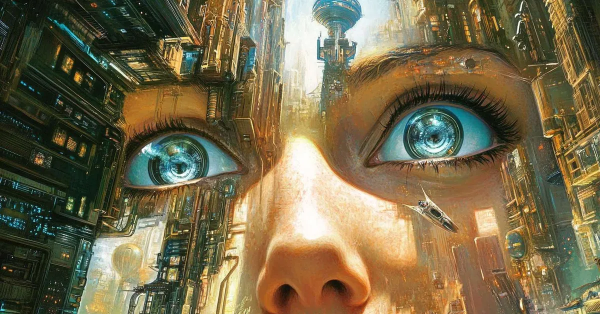 futuristic face merged with cityscape featuring glowing eyes representing technology and identity themes in brave new world full book