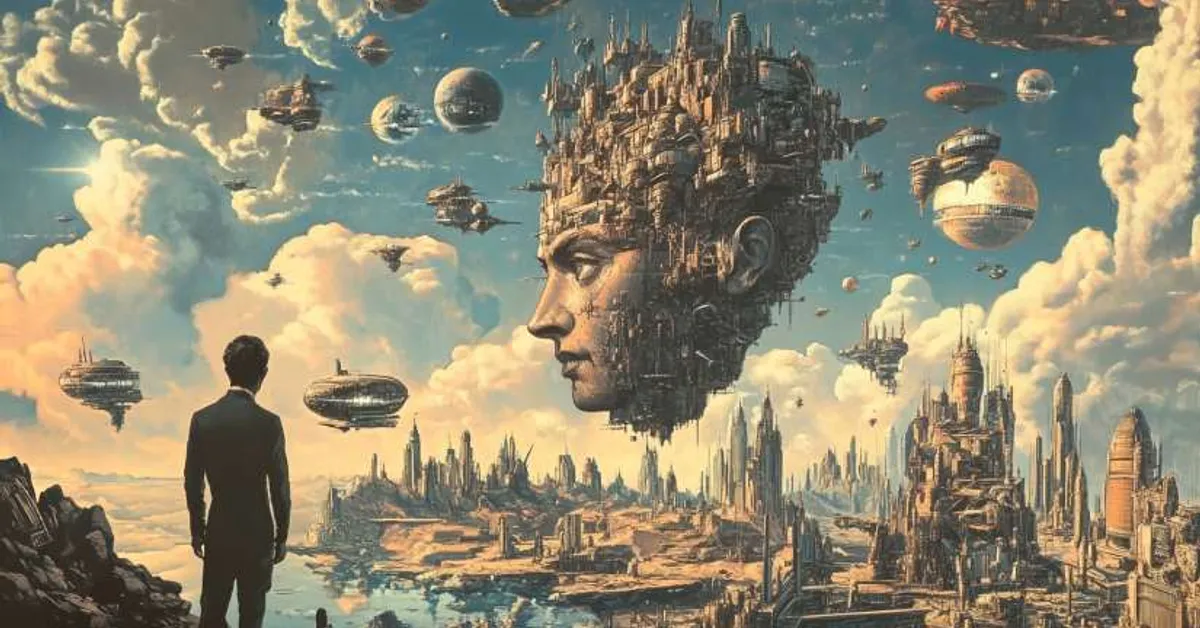 floating cities shaped like human heads surrounded by airships representing symbolism and motifs in brave new world literary devices