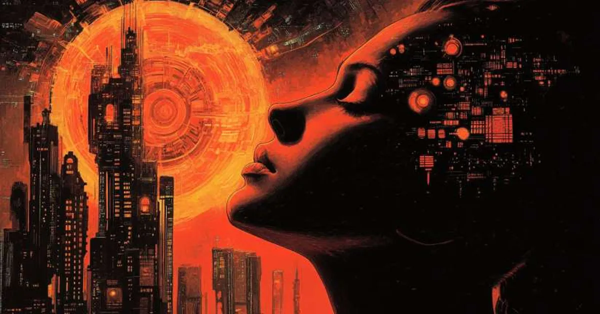 silhouette of woman against glowing circuitry and red light illustrating thought and control in brave new world quote identification