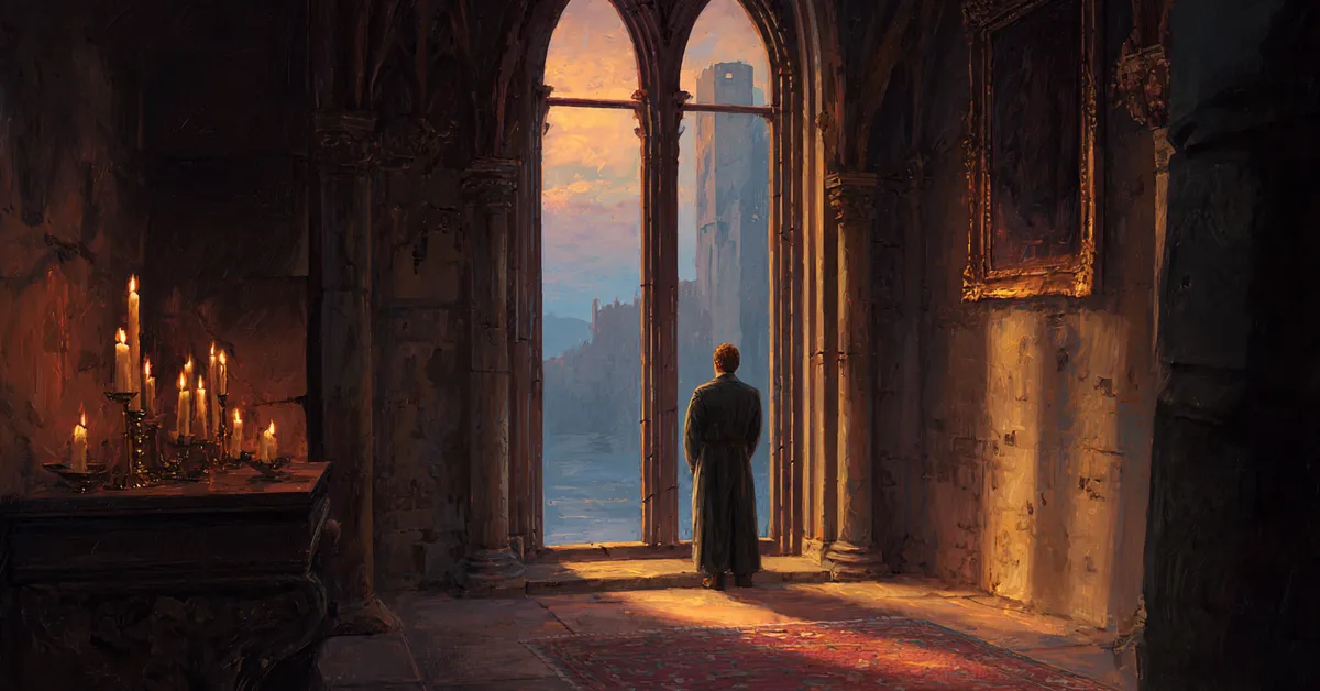 A brooding prince standing alone in a castle chamber near a tall window reflecting the unrest of Hamlet Act 4