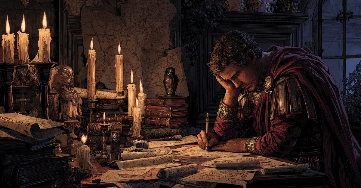 Brutus in a candlelit study surrounded by scrolls and letters illustrating his turmoil in The Tragedy Of Julius Caesar Act 2 Scene 1