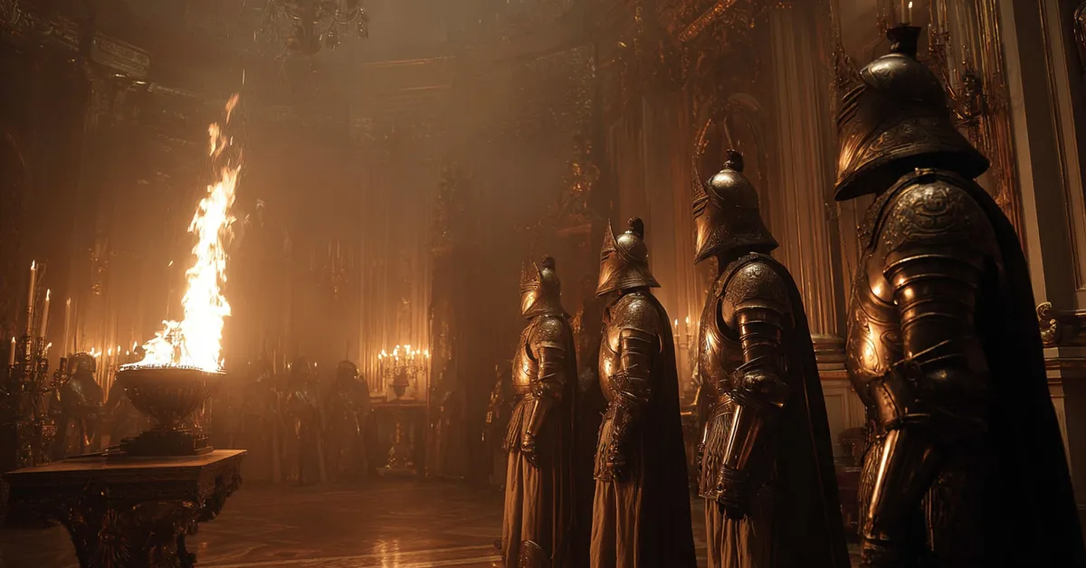 A burning torch illuminating a throne room where armored guards stand watch marking the tension in Macbeth Act 5