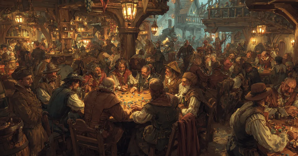 A bustling tavern filled with revelers and scattered dice reflecting the rowdy atmosphere in Henry IV Part 1 Act 2 Scene 4
