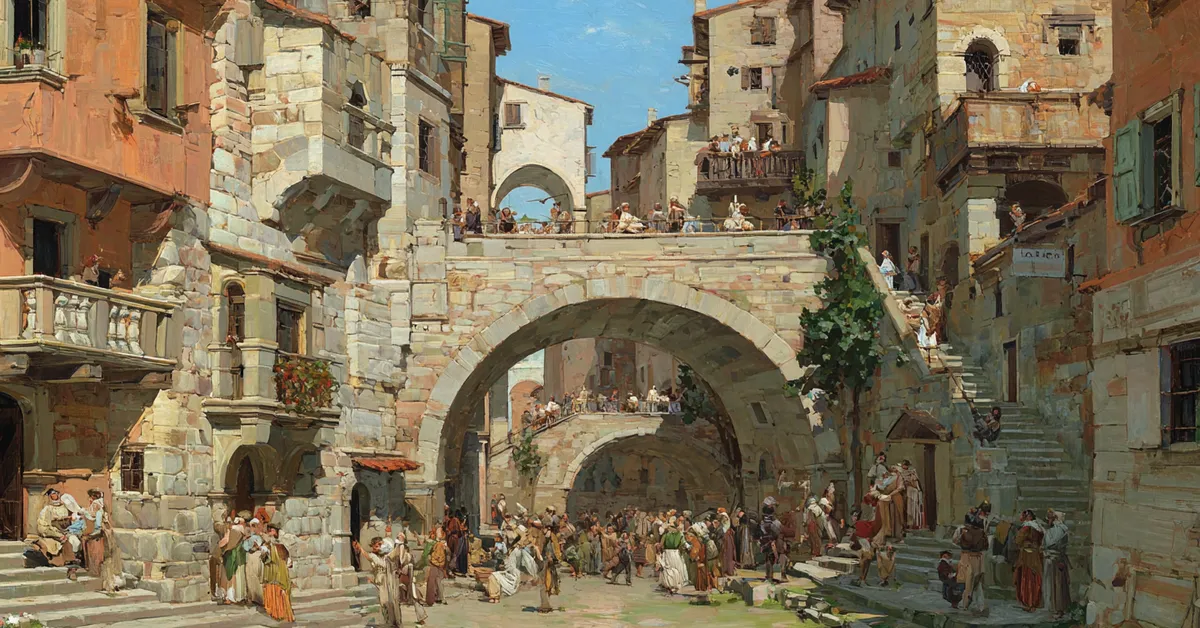 A busy Verona street where servants quarrel under stone arches capturing Romeo and Juliet Act 1 Scene 1