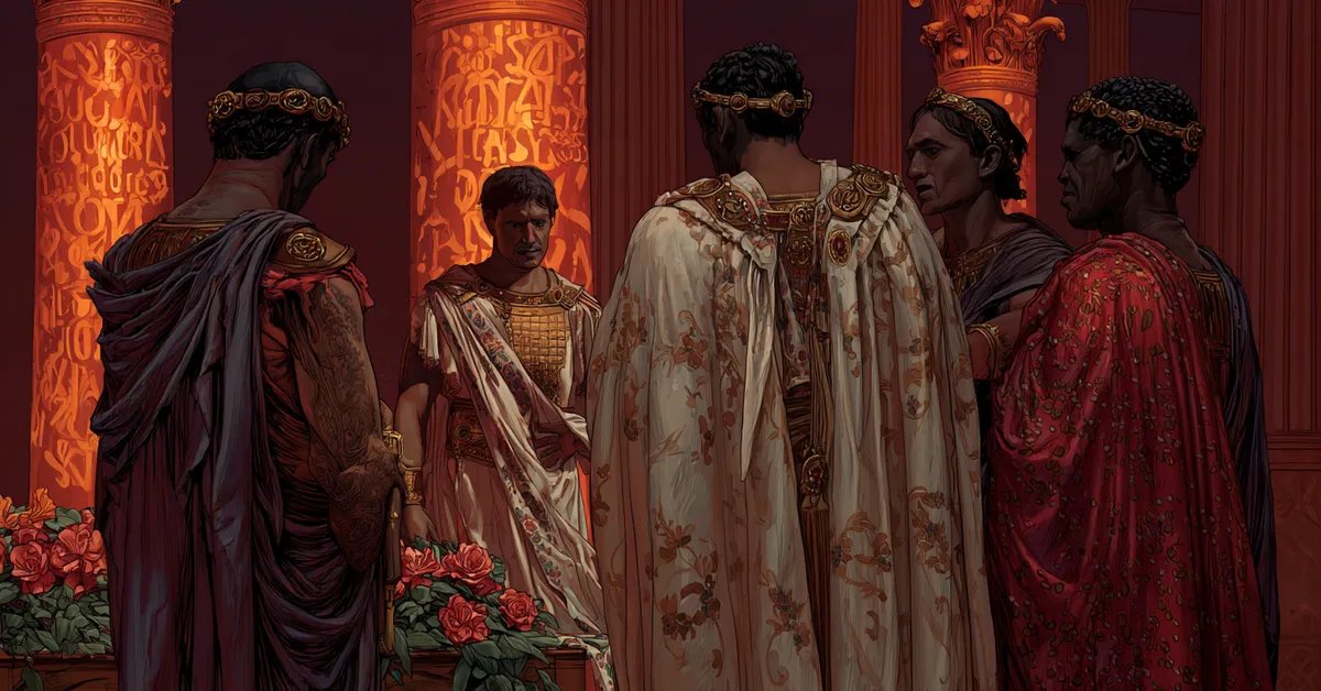 Caesar in his palace chamber with attendants adjusting his robes hinting at the foreboding in The Tragedy Of Julius Caesar Act 2 Scene 2