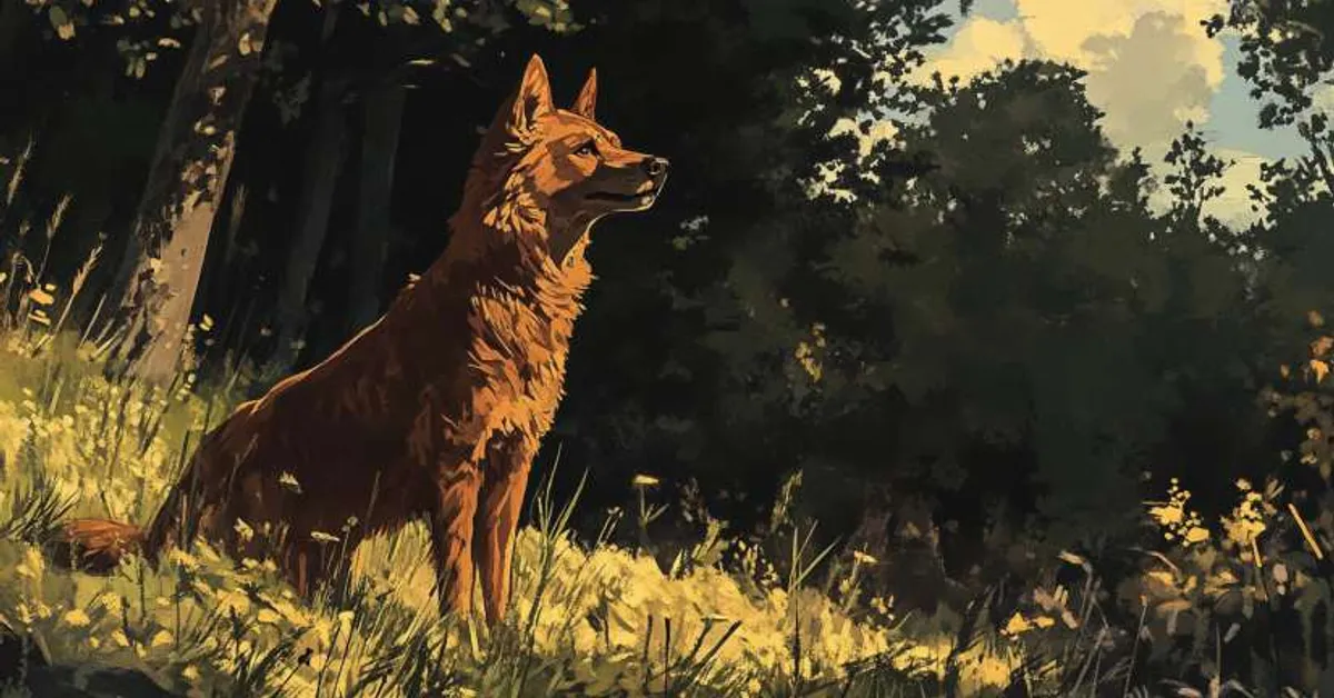 A dog standing alert in a bright forest clearing mirrors key early moments of Chapter 1 as Buck begins adapting to unfamiliar wilderness surroundings.