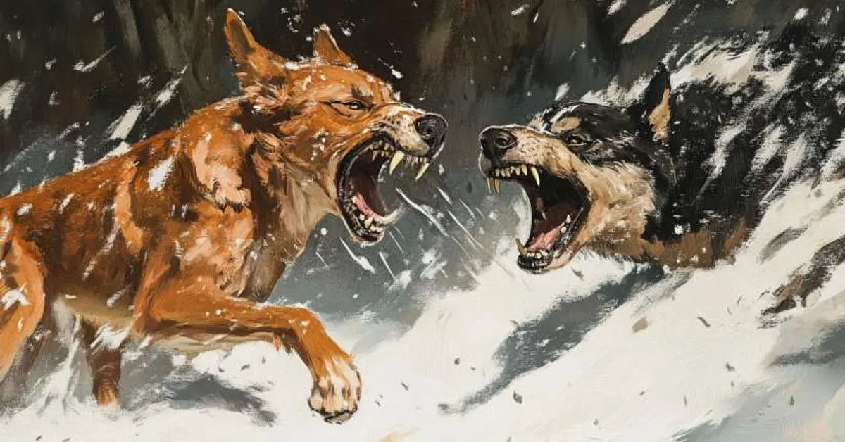 Two dogs clashing in heavy snow depict the brutal conflicts of Chapter 2, capturing the harsh dominance struggles within the sled team.