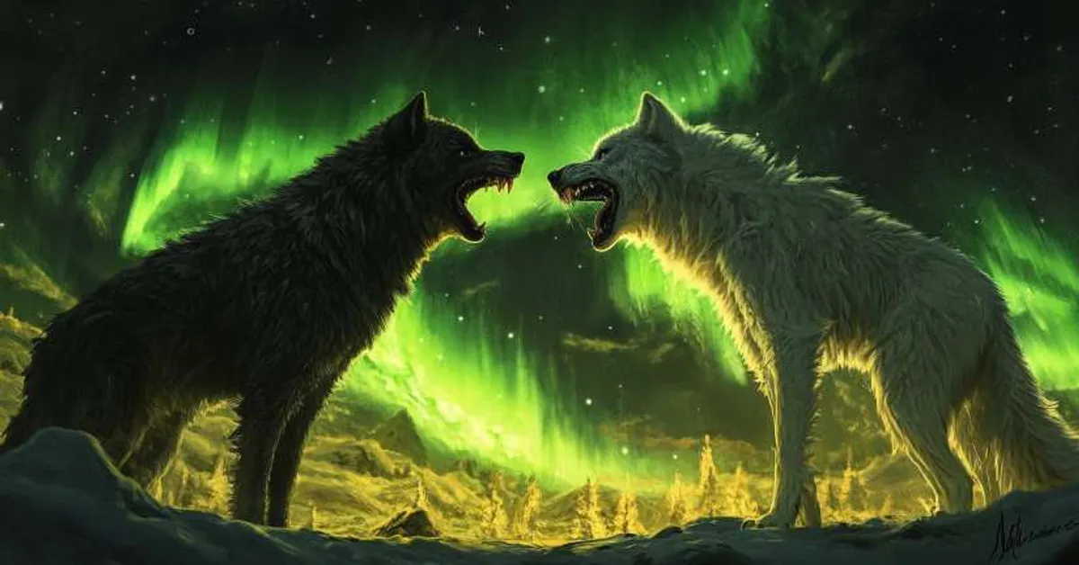Two wolves confronting each other under vivid aurora skies echo the rising tension and power shifts seen through Chapter 3.