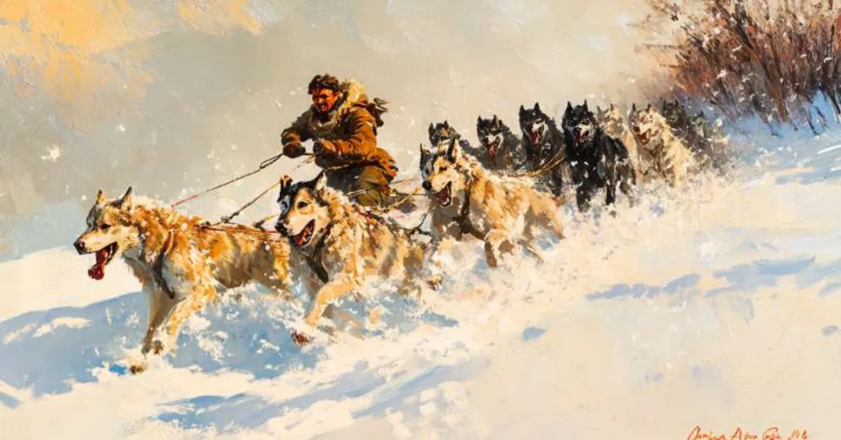 A musher leading a powerful sled team through deep snow represents Chapter 4�s demanding journeys and the strain placed on every dog.