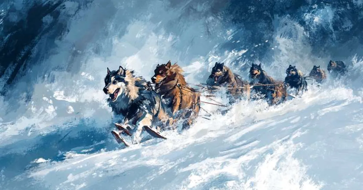 A fast-moving sled team racing through a snowstorm reflects the relentless hardships and mismanagement themes central to Chapter 5.