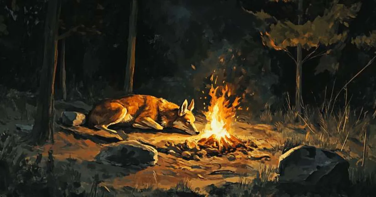 A dog resting near a warm campfire in dark woods illustrates Chapter 6�s focus on trust, companionship, and Buck�s growing bond with Thornton.