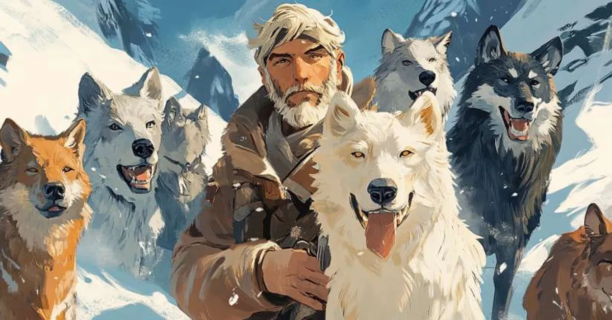 A rugged man with a diverse pack of dogs reflects the character relationships central to Call of the Wild, supporting clear character-matching activities.