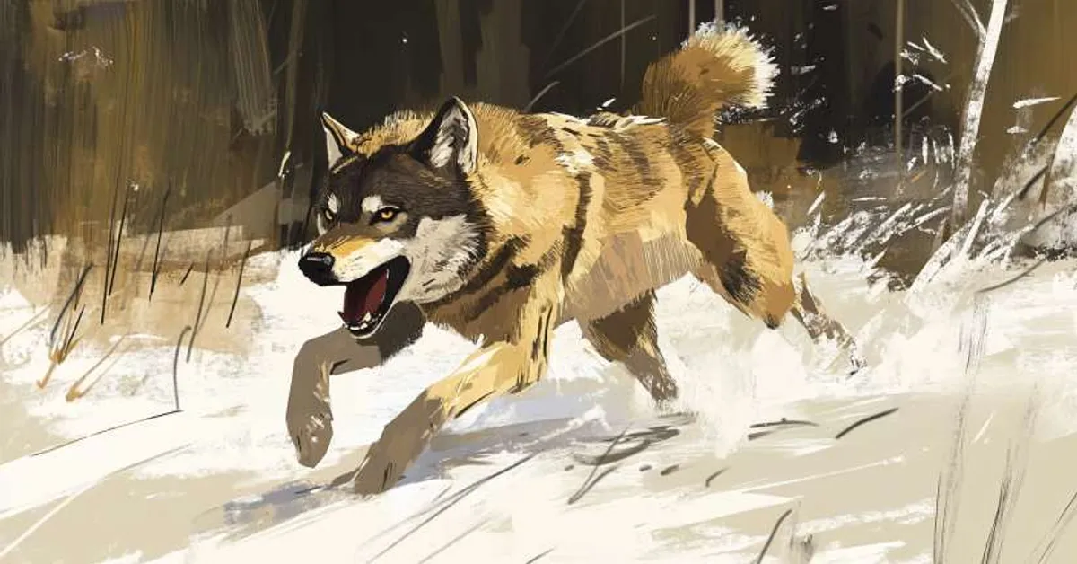 A wolf charging through snow captures vivid motion and sharp imagery that align with the literary devices explored in Call of the Wild.