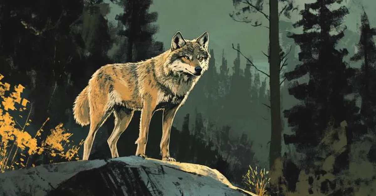 A lone wolf standing on a rock in a dark forest scene highlights key atmospheric moments ideal for identifying important quotes from the novel.