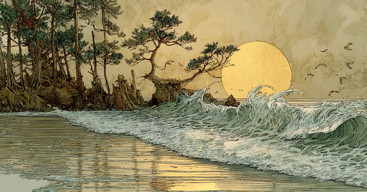 A calm shore with gentle waves and bright morning sun symbolizing resolution in The Tempest Act 5