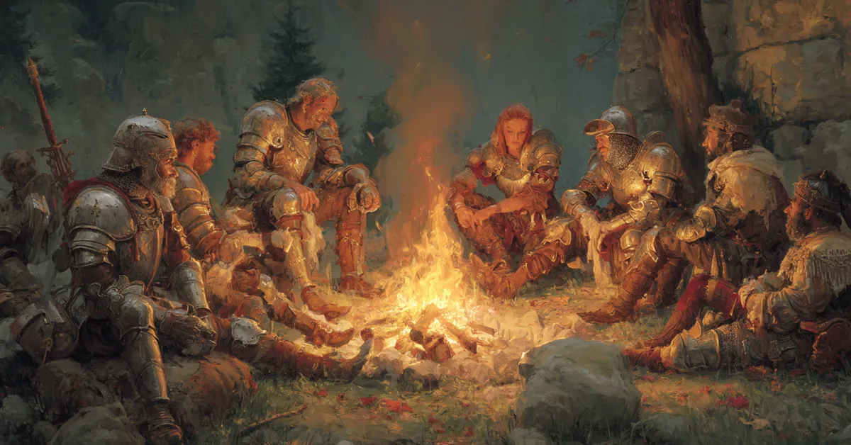 A campfire surrounded by weary warriors polishing armor reflecting Troilus and Cressida Act 5