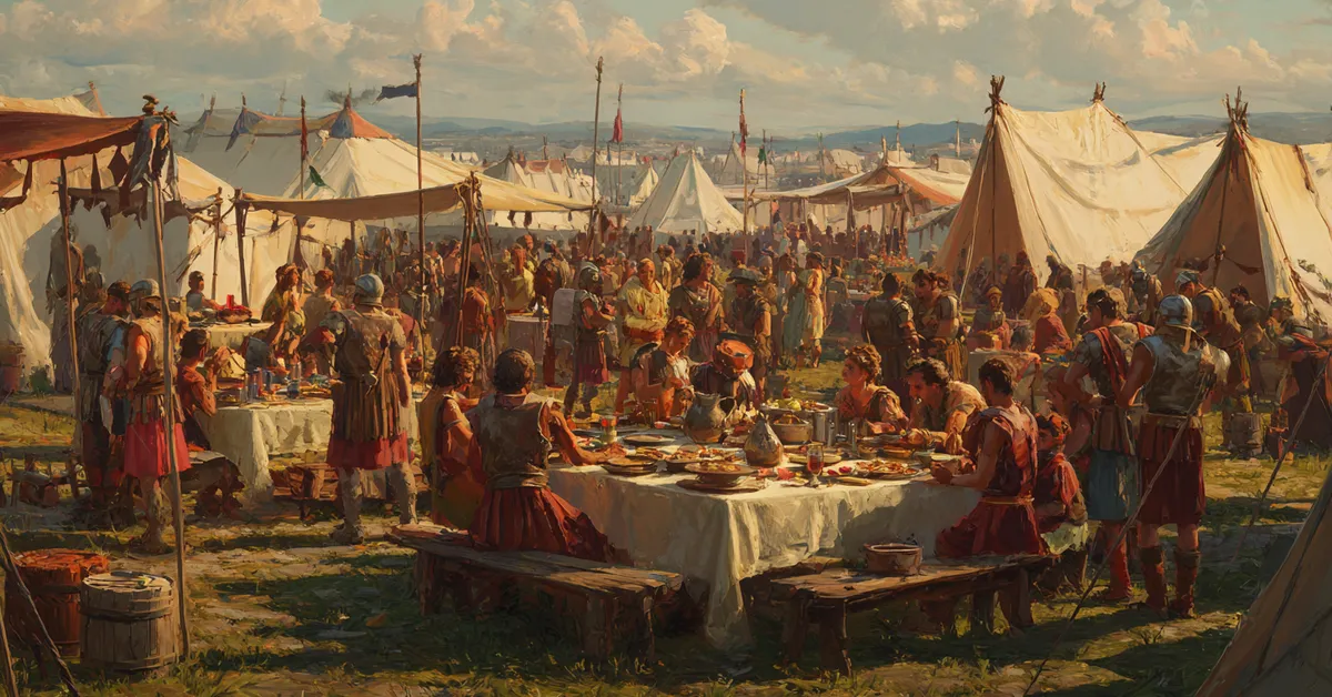 A bustling camp where soldiers feast around makeshift tables capturing Troilus and Cressida Act 2 Scene 3
