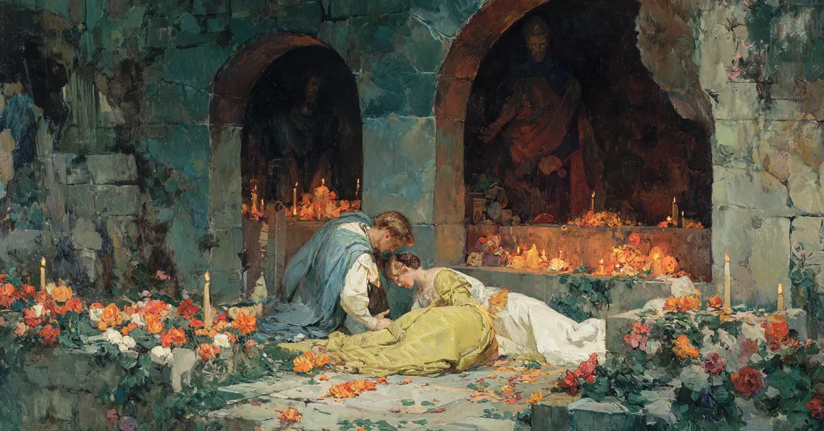 A candlelit tomb with stone arches and scattered flowers highlighting the tragedy of Romeo and Juliet Act 5