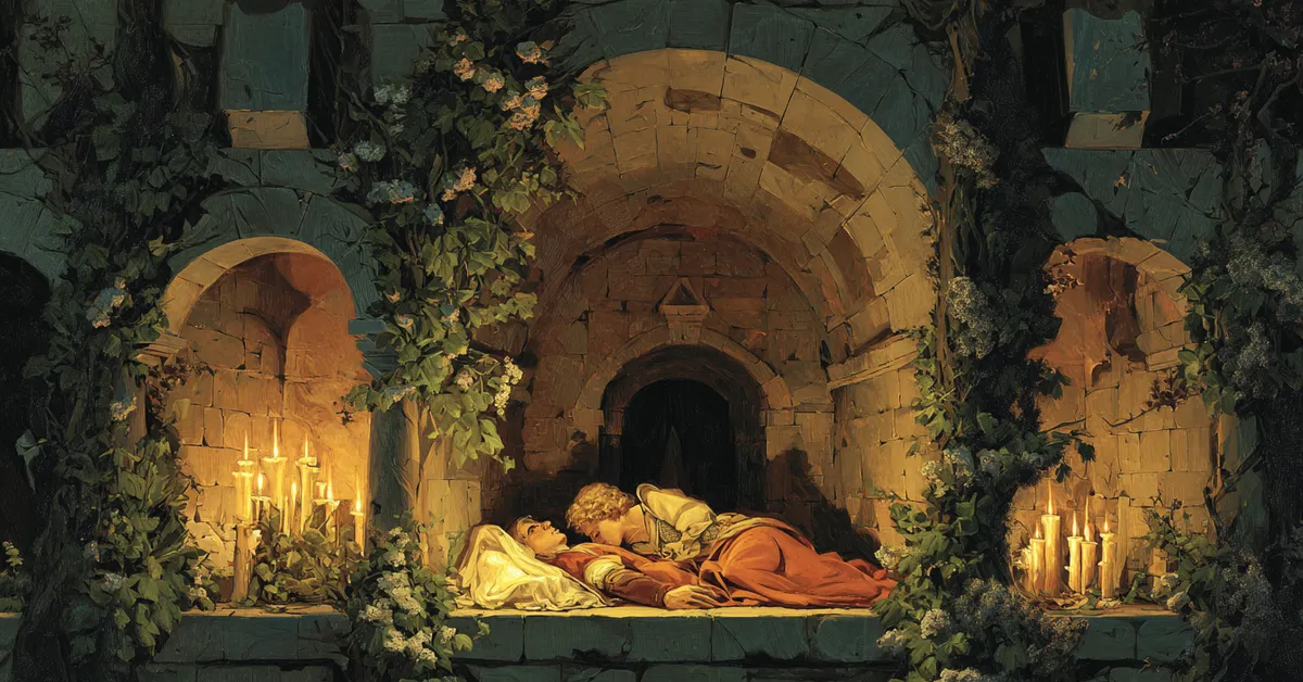 A candlelit tomb where two figures lie beneath arches capturing Romeo and Juliet Act 5 Scene 3
