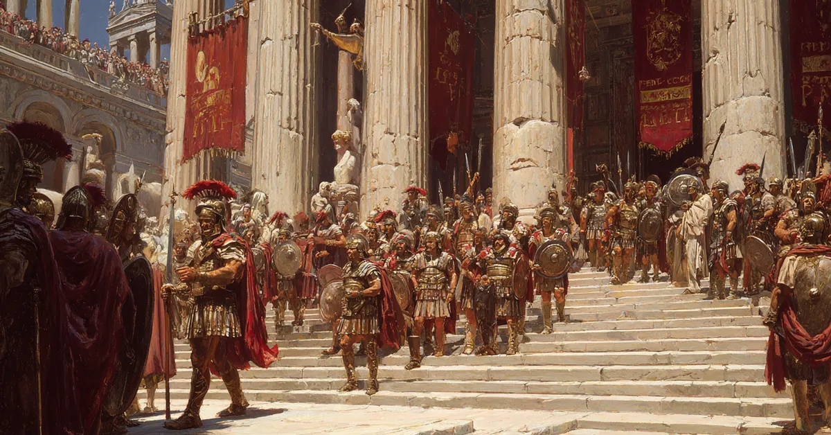 Conspirators gathered on the Capitol steps with concealed daggers referencing the turning point in The Tragedy Of Julius Caesar Act 3 Scene 1