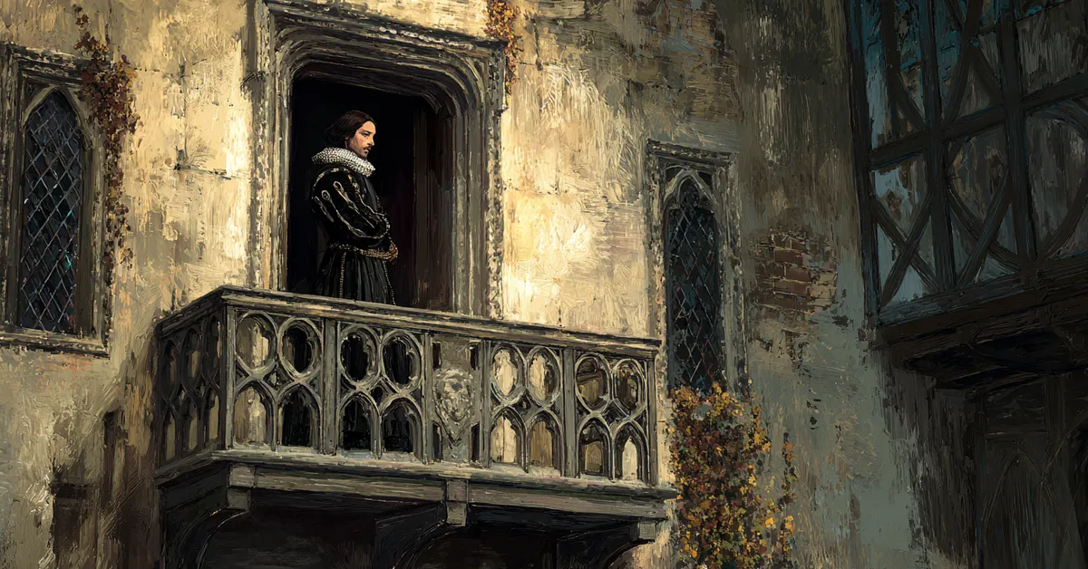A castle balcony where a brooding figure in dark clothing looks down at the courtyard below capturing Richard III Act 1 Scene 1