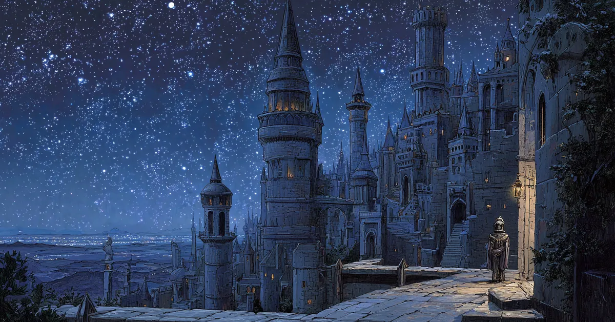 Castle battlements under a starry night sky with a guard holding a lantern suggesting the watch in Hamlet Act 1 Scene 4