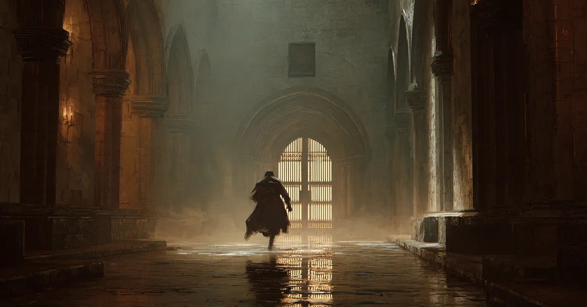 A stone castle corridor where a messenger rushes toward a guarded door reflecting urgent news in Richard II Act 5 Scene 2