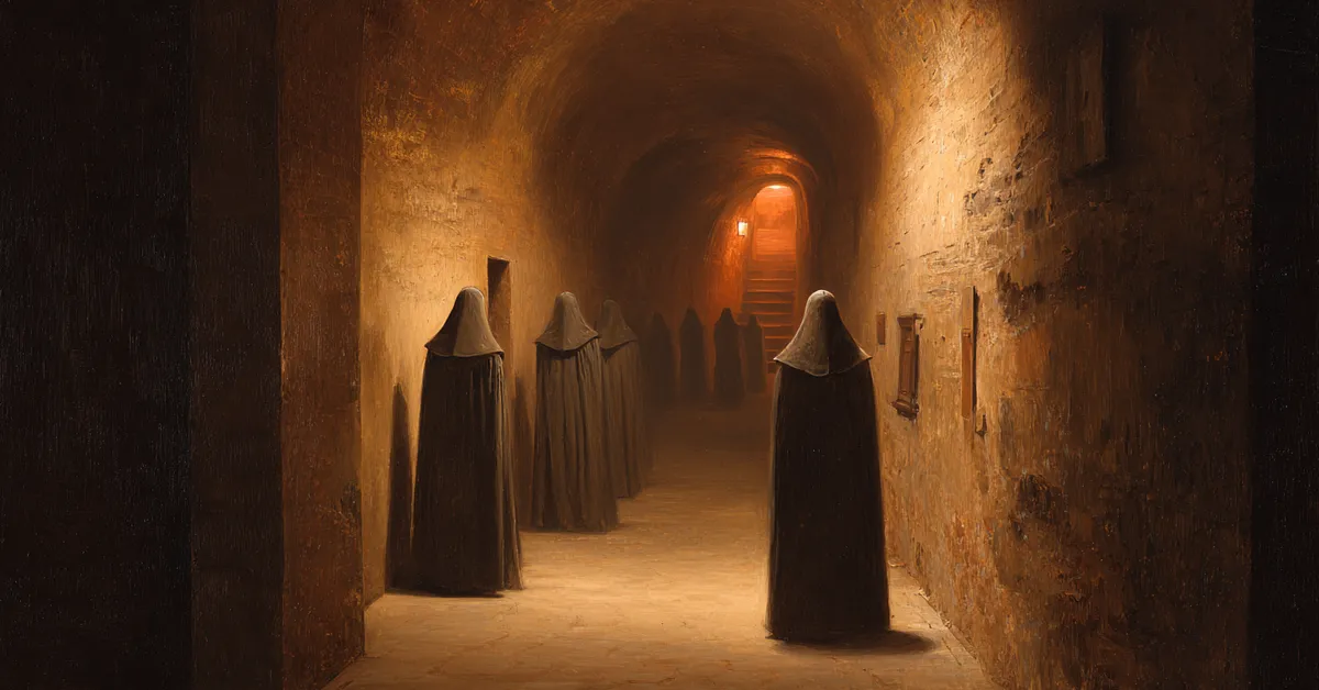 A dim castle corridor where cloaked figures whisper in secret referencing the scheming central to Henry VI Part 2 Act 3
