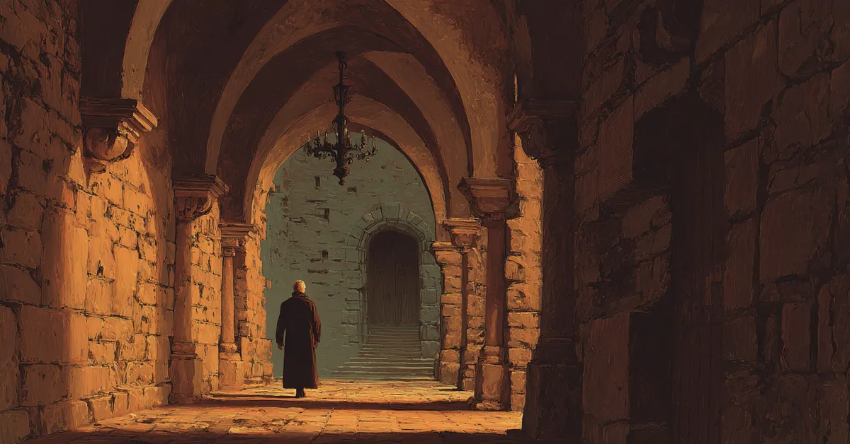 A dim castle corridor with a lone shadowed figure walking toward a stone archway hinting at the opening tension of Hamlet Act 1