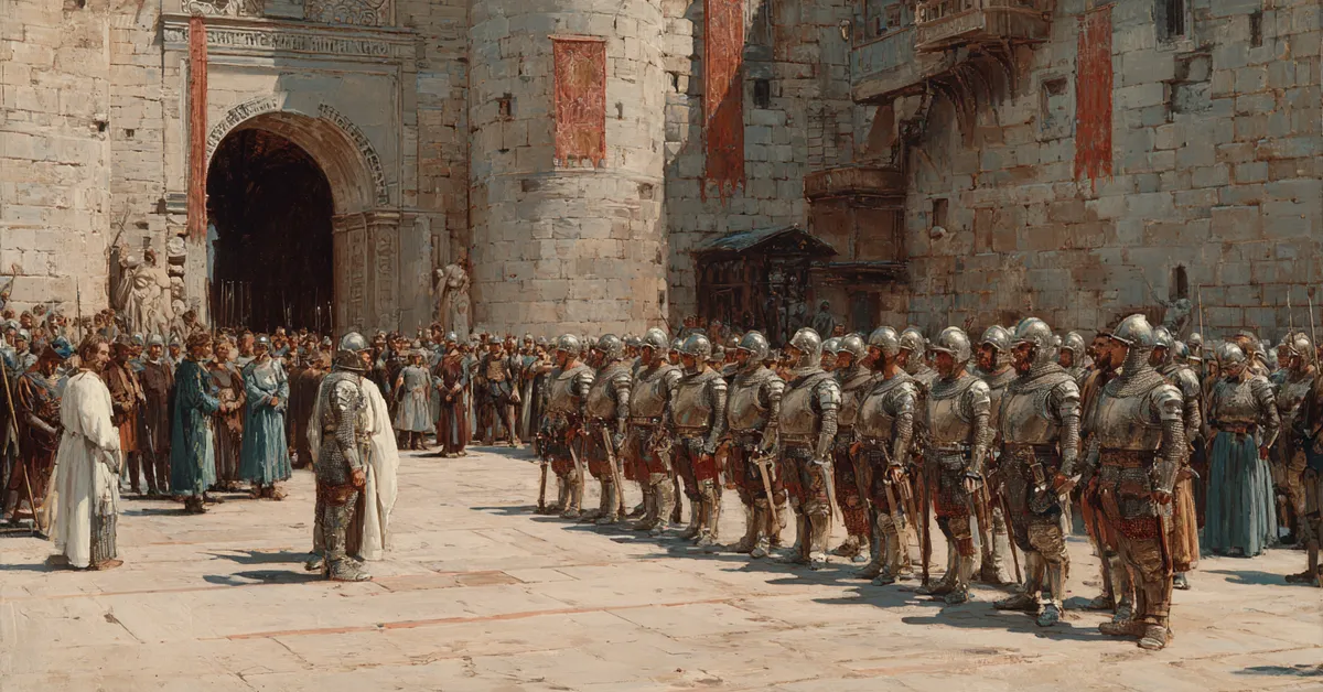 A castle courtyard where soldiers stand in rigid formation illustrating the rising strain in Othello Act 3