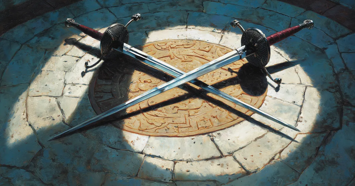 A castle dueling floor where two rapiers lie crossed on stone connecting directly to Hamlet Act 5 Scene 2