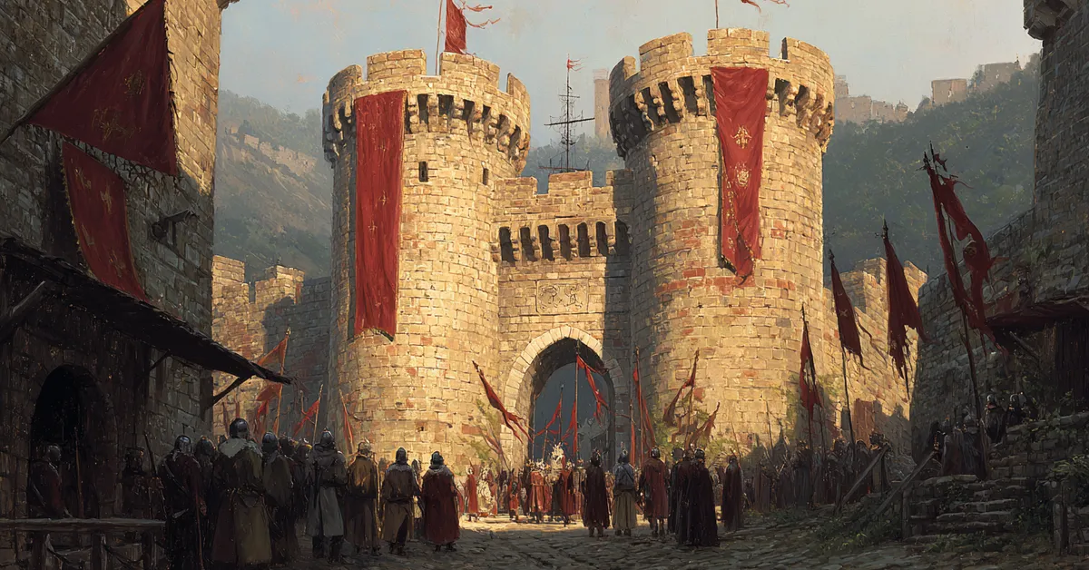 A castle gate where envoys meet under raised flags anchoring the parley in Henry V Act 3 Scene 3