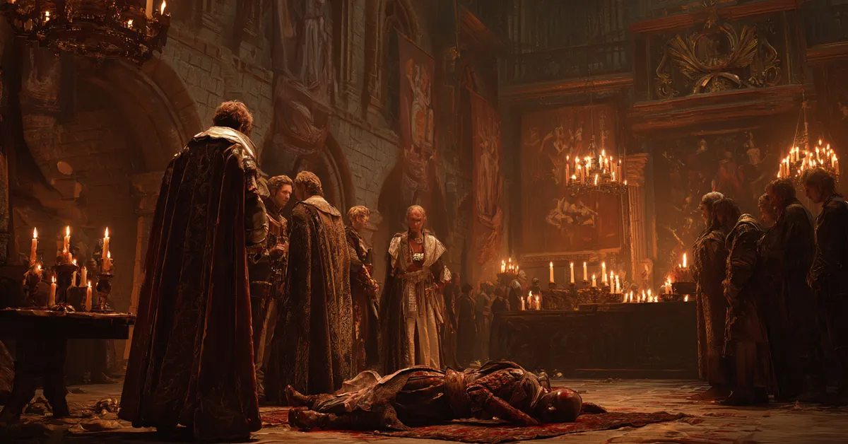 A castle hall where grieving nobles stand beside a fallen comrade beneath dim torchlight capturing the tragedy in Henry VI Part 3 Act 3
