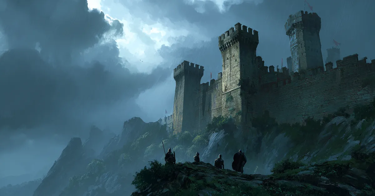 Stormy clouds above castle ramparts where guards stand watch marking the eerie beginning of Hamlet Act 1 Scene 1