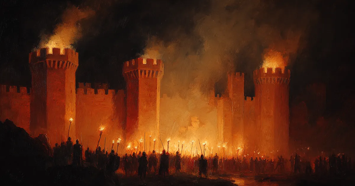 Castle ramparts lit by burning torches as soldiers gather depicting Macbeth Act 5 Scene 5