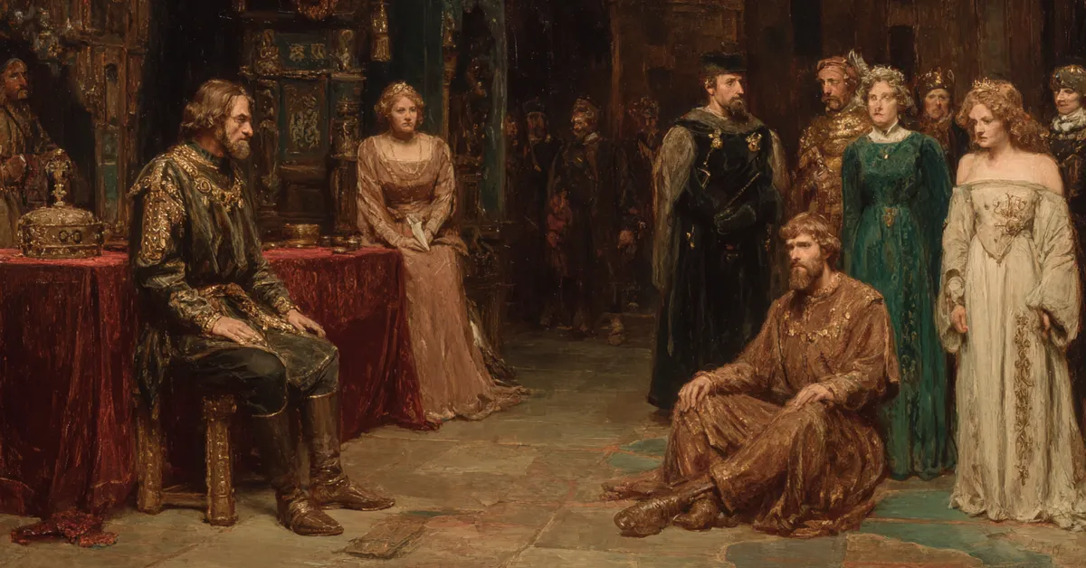 A castle throne room where courtiers stand apart and a lone king sits in rigid posture illustrating the strained authority in King John Act 3