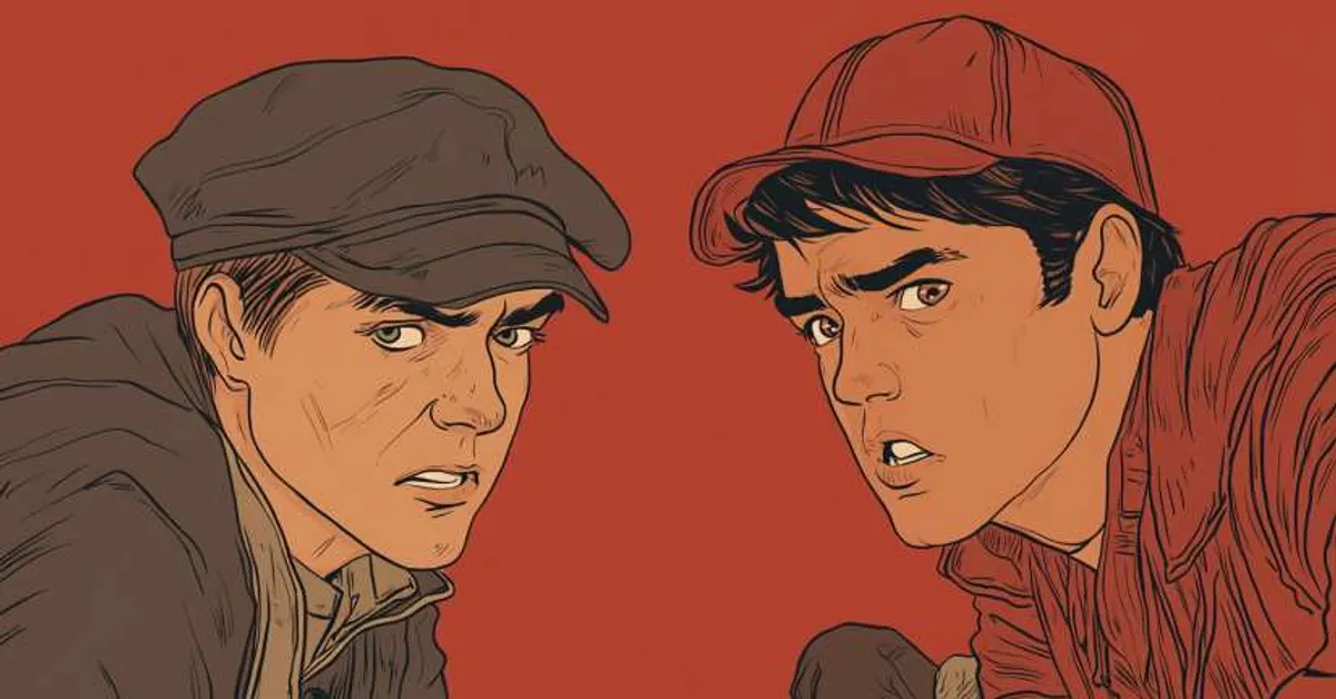 Two young men in caps glaring at each other against a red background