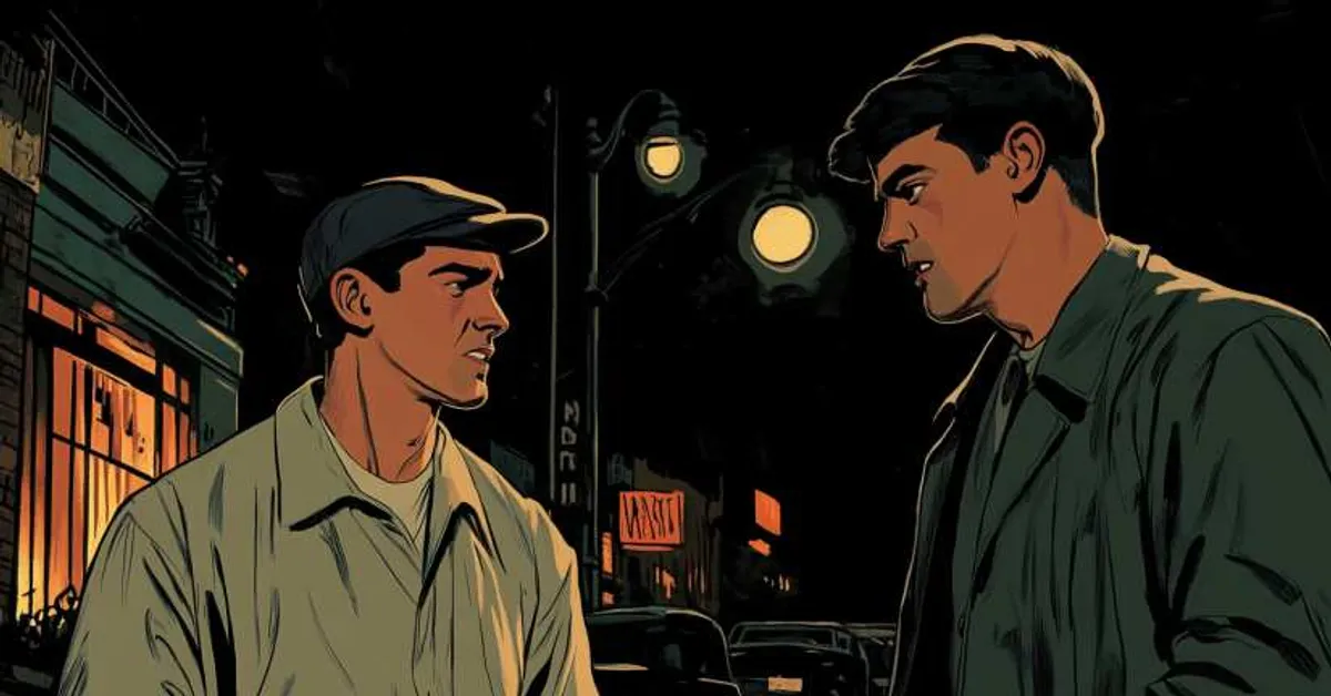 A figure in a raincoat observing a lit carousel in the rain with reflections