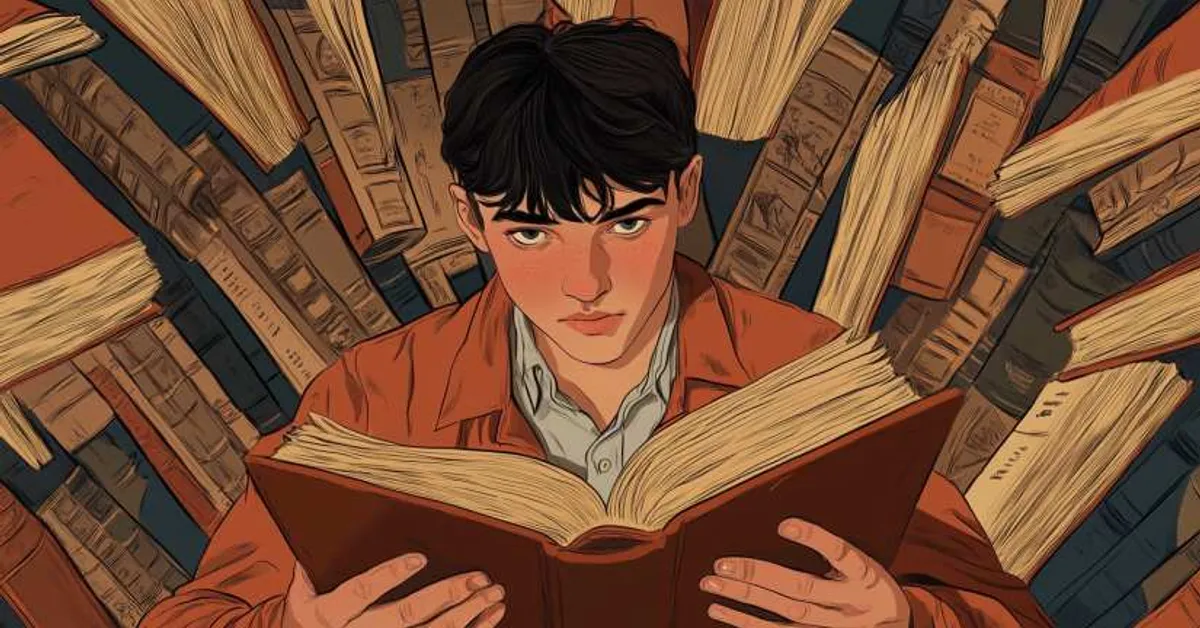 A person immersed in a book surrounded by towering stacks of volumes