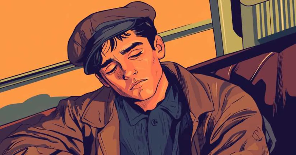 A young man in a cap dozing on a bus seat with an orange hue