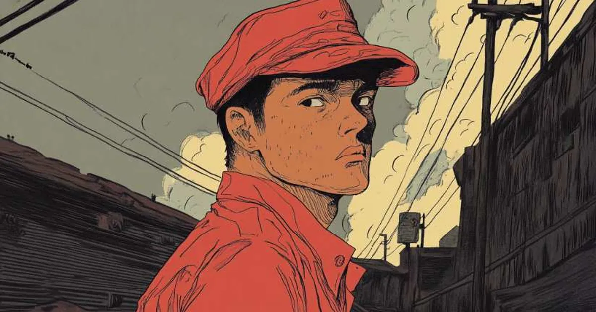 A young man in a red cap strolling through urban streets with power lines overhead
