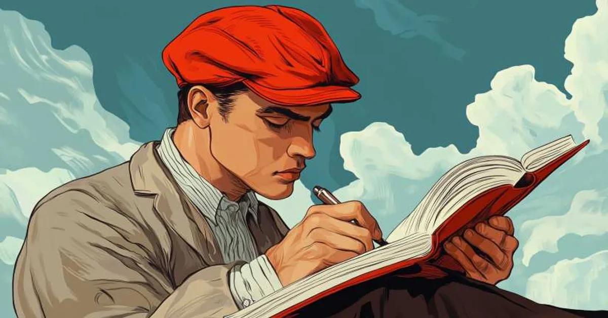 A man in a red cap jotting notes in a book under a cloudy sky