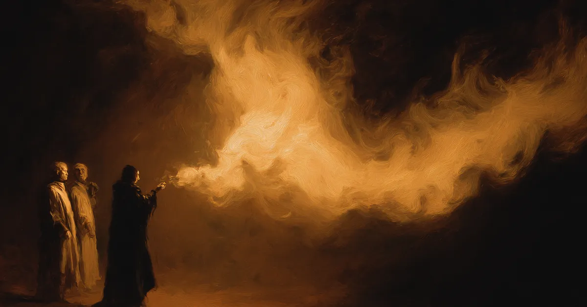 A cavern where witches conjure visions in swirling smoke anchoring Macbeth Act 4 Scene 1