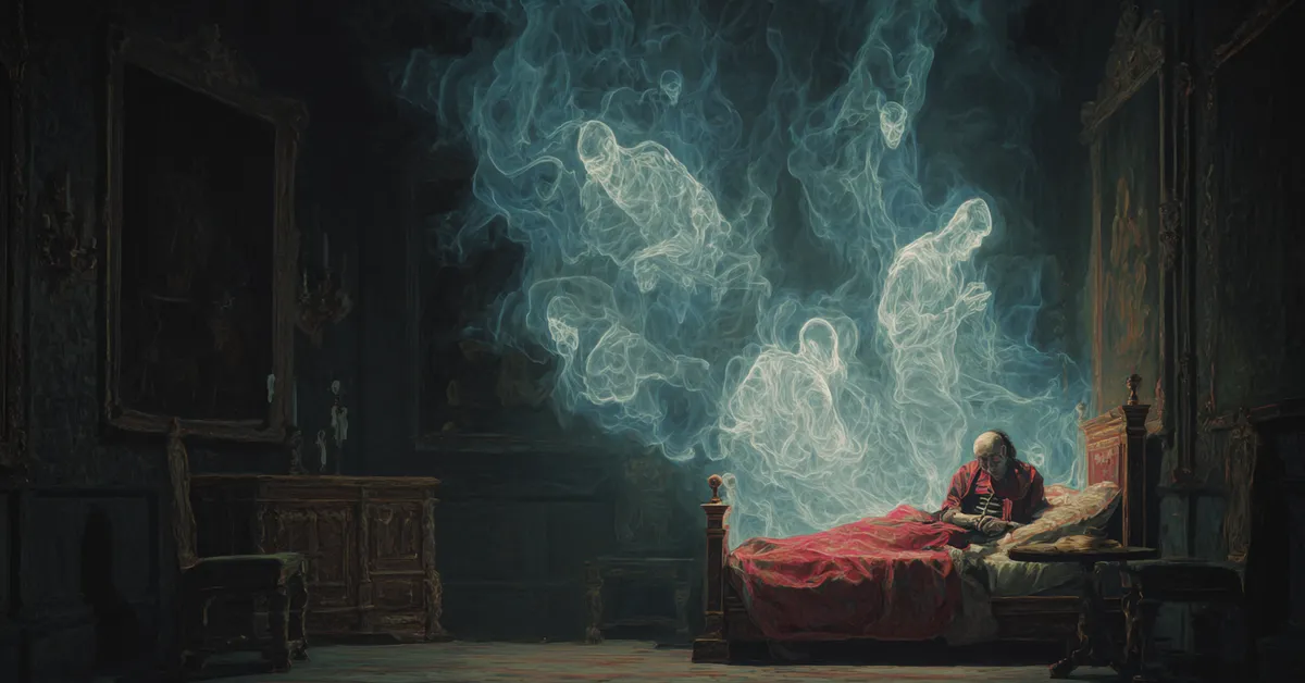 A dark chamber where a troubled figure sits on a bed while pale ghostly shapes seem to gather around suggesting Richard III Act 4 Scene 3