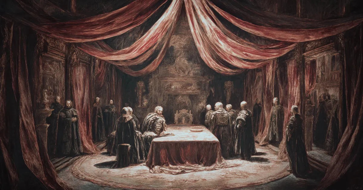 A chamber where lords stand and sit around a heavy table beneath drapery capturing Richard III Act 3 Scene 4
