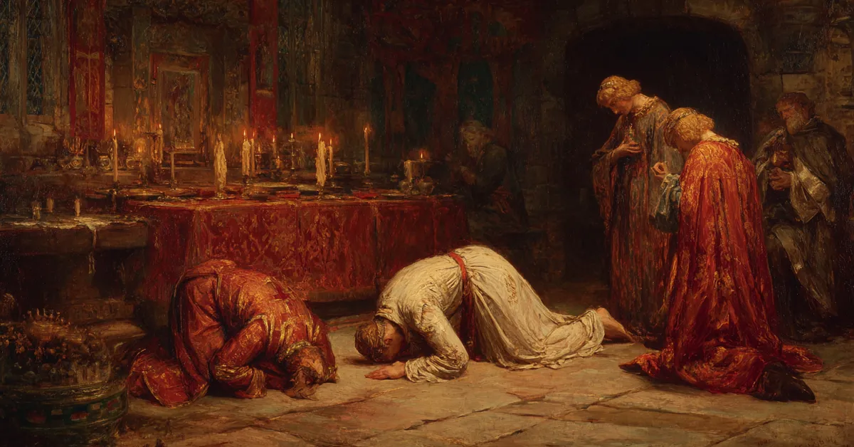 A dim chapel where mourning figures kneel near a simple altar with candles flickering capturing the grief in King John Act 3 Scene 4