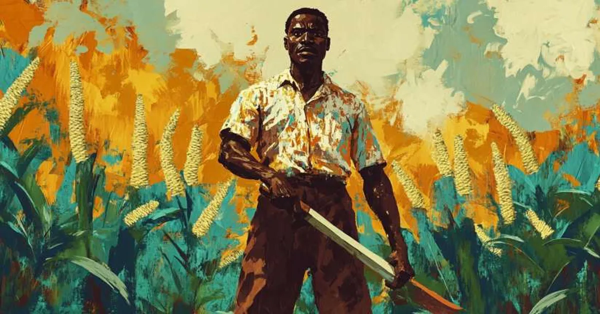 man holding a machete in a field with tall crops for Things Fall Apart Chapter 1