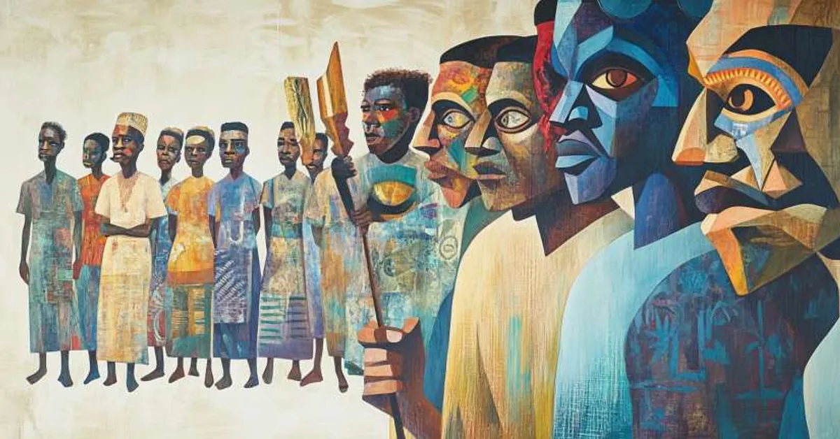 villagers standing beside mask-like sculptures in a row for Things Fall Apart Chapter 10